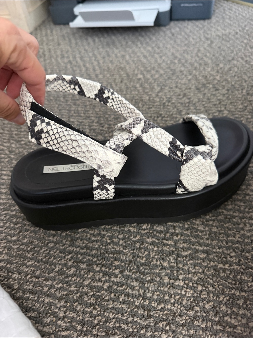 Platform Snake-Print Crisscross Sandal in Black and Cream